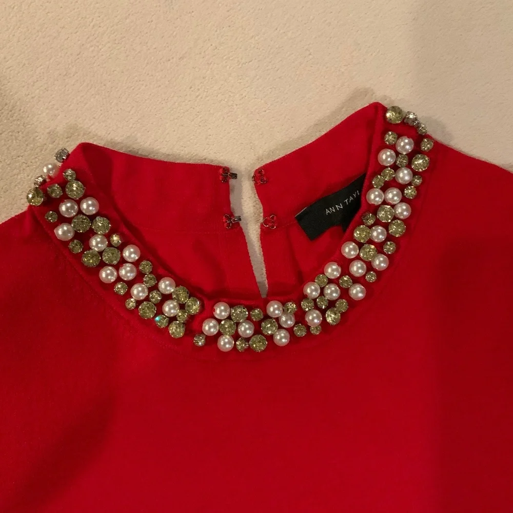 Ann Taylor Red M Sweater Pearl Rhinestone Neckline Holiday Party Date